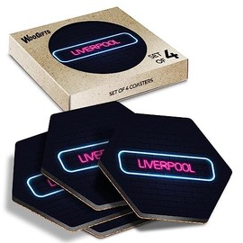 4 x Hexagon Coasters - Neon Sign Design Liverpool City England Cork Backed MDF Glossy Tea Coffee Accessory #350255