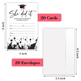 20 PCS Graduation Party Invitations, She Did It Graduation Invite Cards with Envelopes, University Bachelor or High School Grad Celebration Graduation Party Congrats Announcements Supplies -L770