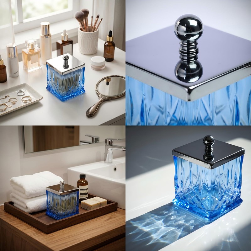 2 Pack 15Oz Blue Q-Tip Holder, Square Thick Glass