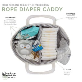 Parker Baby Rope Diaper Caddy Organizer - Nursery Storage Bin and Car Organizer for Diapers and Baby Wipes - Diaper Organizer for Baby Essentials - Gray