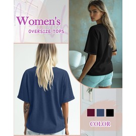 Huukeay 3 Pack Women's Oversized T Shirts, V Neck Loose Fit Rolled Sleeves Tops Cotton Shirts Summer Half Sleeves Tee(Black, Burgundy, Navy Blue,Small)