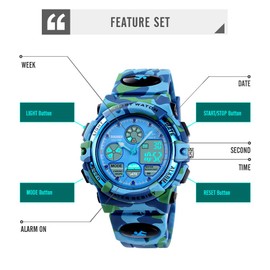 Dayllon Boys Digital Watch Outdoor Sports 50M Waterproof Electronic Watches Alarm Clock 12/24 H Stopwatch Calendar Boy Girl Wristwatch - Camouflage Blue