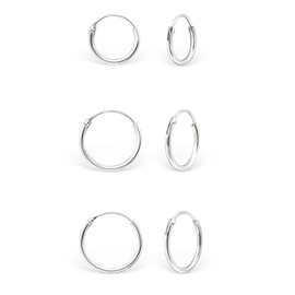 DTPsilver Women's Small Creole Earrings - 3 Pairs of Earrings 925 Sterling Silver or Rose Gold Plated - Helix / Tragus / Cartilage - Thickness 1.5 mm - Diameter 8, 10, 12 mm, Silver, Sterling silver