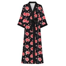 Hellomamma Womens Satin Silk Robe: Lightweight 3/4 Sleeve Comfy Floral Print Kimono Sleepwear for Bride Wedding Party Gift Pink Roses/Leaves Mixed 2X-Large/3X-Large