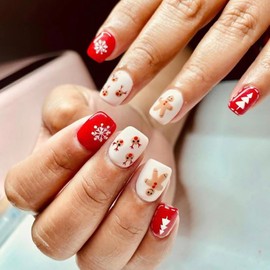 Christmas Press on Nails Short Square Winter Fake Nails Red Full Cover Gingerbread Man False Nails with Red White Swirl Designs Glossy Glue on Nails Manicure Artificial Nails for Women Girls