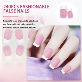 240 Pcs French Tip Square Short Fake Nails Set, Pink Glossy Press on Nails, White Tip Stick on Nails for Girls Women, Full Nail Art Kit with Glue and Tools 25