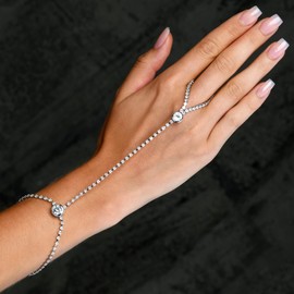 ZAVANA Slave Bracelet for Women and Girls, Hand Chain with Finger Ring, Bohemian Hand Jewellery, Silver or Gold Hand and Ring Bracelet with Crystals, Boho Hand Jewelry for Women, Rhodium-plated brass