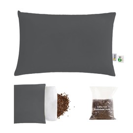 Organic Buckwheat Pillow for Sleeping with Dual-Layer Pillowcase and Extra Tartary Buckwheat Hulls, Adjust Height and Firmness, Neck Support Pillow for Back and Side Sleepers 20"x26", Dark Grey