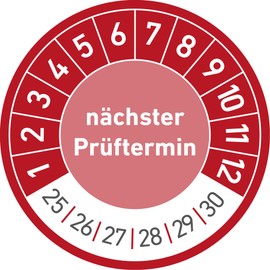 Next Test Date – 30 mm Diameter Prüfet Labels, Maintenance Testing Test Badges Badge, red