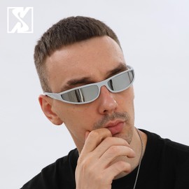SHEEN KELLY Wrap Around Sunglasses for Men Women Vintage Gangster Style Sunglasses Futuristic Glasses, 7 Upgrade Polarized Silver