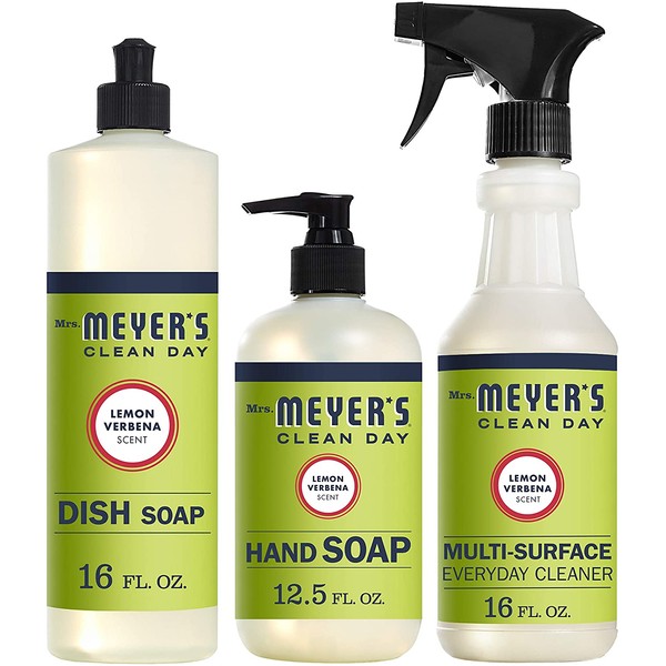 Mrs. Meyer's Clean Day Kitchen Essentials Set, Includes: Hand Soap, Dish Soap, and Multi-Surface Cleaner, Lemon Verbena Scent, 3 Count Pack