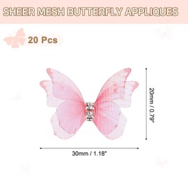 uxcell 20Pcs Sheer Mesh Butterfly Appliques, 30mm Two Layers Butterflies with Gem Applique Patch DIY 3D Craft Ornament for Wedding Party Home Decor Clothes, Deep Pink