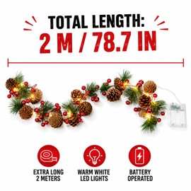 2M Christmas Garland with Lights Pine Berry Decoration for Indoor Decor