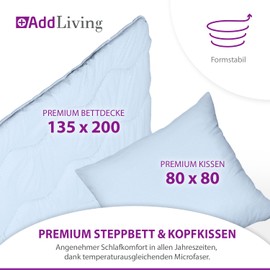 AddLiving Seerzucker 2-in-1 Bed Set Blue | Quilt 135 x 200 cm & Pillow 80 x 80 cm Set | Bedding & Bed Linen | Washable Duvet & Sleeping Pillow | Breathable & Easy Care | Oeko-Tex 100