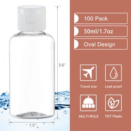 VEIDIA 100 Pack 1.7oz Plastic Empty Bottles with Flip Cap Small Travel Size Bottles Hand Sanitizer Bottles Refillable Travel Container for Shampoo Body Soap Lotions Baby Shower (Clear)