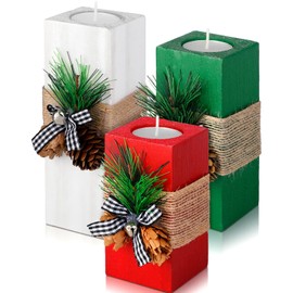 Sliner 3 Pcs Christmas Candle Holders with Candles Wooden Xmas Tealight Candle Holders Decorations Red White Green Votive Wood Candlestick for Christmas Table Centerpiece Decor Xmas Gifts
