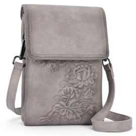 VIMUTI Small Crossbody Bags for Women Trendy Vegan Leather Cell Phone Bag Embossed Flower Design Wallet Purses with Adjustable Strap Gray
