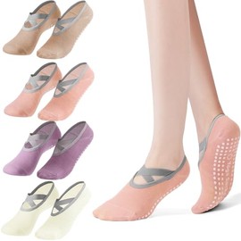 Tobfit 4 Pairs Pilates Socks for Women Non Slip Grip Sock Yoga Socks Ankle Grippy Sock Woman 4-PACK 06