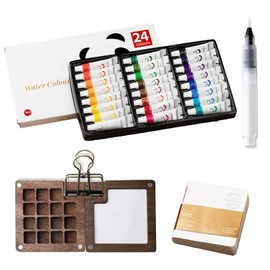 LIUYIDM Pocket Watercolour Set 15 Grid Travel Watercolour Set 24 Colours Mini Watercolour Travel Set, Portable, with Watercolour Paper Drawing Book, Clip and Watercolour Pen