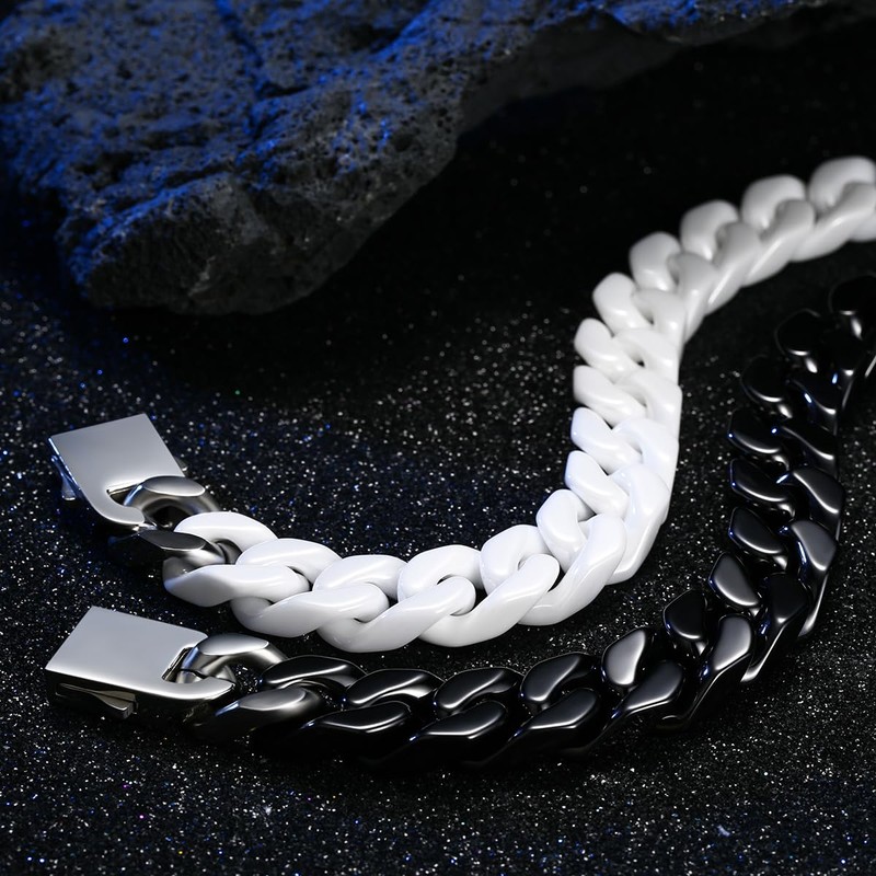 Pinannie White 12mm Wide Ceramic Cuban Link Bracelet for Men