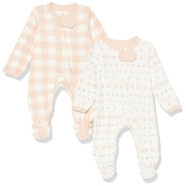 HonestBaby 2-Pack Sleep and Play Footed Holiday Pajamas One-Piece Sleeper Zip Organic Cotton Pjs Baby Boys, Girls, Unisex, Fair Isle Ivory Pink, 6-9 Months