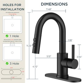 FORIOUS Matte Black Bathroom Faucet with Pull Down Sprayer, Single Hole Bar Sink Faucet 1 Hole with Pop Up Drain Hose, Suitable for Bathroom, RV,Vanity, Restroom & Utility Sink
