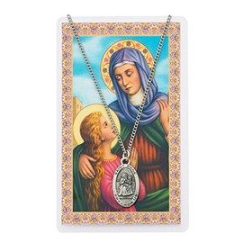 Saint Anne 7/8-inch Pewter Medal Pendant Necklace with Holy Prayer Card