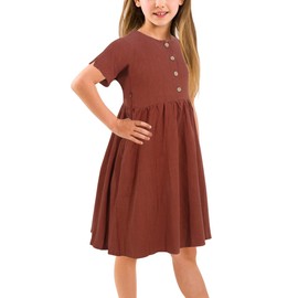 GORLYA Girl's Short Sleeve Button Up Pleated Waist Loose Casual Linen Midi Dress with Pockets for 4-12 Years Kids (GOR1007, 9-10Y, Brown Color)