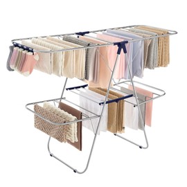 SONGMICS Clothes Drying Rack, Foldable 2-Level Laundry Drying Rack, Free-Standing Laundry Airer, with Height-Adjustable Wings, 33 Drying Rails, Sock Clips, Silver and Blue ULLR53BUV1