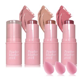 3PCS Blush Stick for Cheeks,Multi-use Solid Matte Makeup Stick Blush Cream for Cheek Eyes and Lips Tint,Moisturizing Tinted Cream Blush,Natural Blendable Cheek Blusher with 3 Makeup Sponges A2