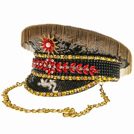 ILOVEMASKS Black Gold Jewels Burning Man Festival Rave Hat, Holographic Crystal Rhinestones Military Captain Festival Hat Party Cosplay
