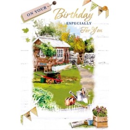 Open Male Birthday Card - Garden Shed Wheelbarrow & Tools Gold Foil 7.75x5.25