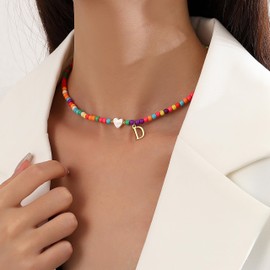 Long tiantian Colorful Beaded Necklaces for Women Colorful Initial Necklace Boho Rainbow Beaded Heart Necklace A-Z Letter Alphabet Choker Birthday Jewelry Gifts