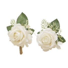 Jiyohai White Rose Wrist Corsage and Boutonniere Set Artificial Flower Bridesmaid Corsage Wristlet Band Bracelet and Men Boutonniere for Wedding Ceremony Homecoming Party Prom Suit Decoration