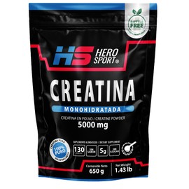 Hero Sport Creatina Monohidratada de Alta Pureza 650g en Polvo. 5g de Creatina por Porción, 130 porciones por envase, 100% Pura, 100% Natural, 0 Azúcar, Sin Sabor, Sin Olor, Bottle Free, Incluye Cuchara Medidora.