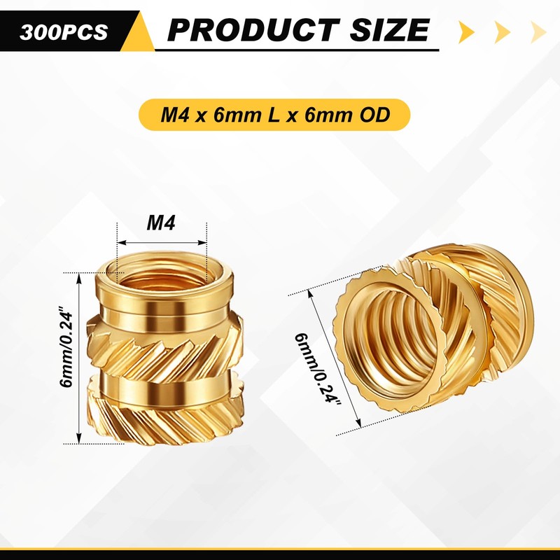 Yaocom 300 Pcs M4 Threaded Inserts M4 x D6 x