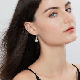 Pearl Earring Dangle Pearl Diamond Earrings Silver Pearl Drop Earrings for Women Sterling Silver Gray Pearl Dangling Earrings Long Pearl Hangling Earrings Bezel Water Drop Pearl Jewelry 10MM