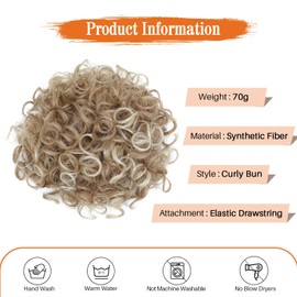 Flyroseing Elastic Drawstring Messy Bun Hair Piece, Short Curly Hair Bun Extensions, Blonde with Highlights Synthetic Fake Hair Curly Bun Hair Piece Clip for Women Hair Bun Extension