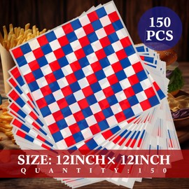 Honeydak 150 Pcs 12x12 Inch Patriotic Deli Paper Wrap Checkered Sandwich Wax Sheet Food Red Blue White Grease Resistant Wrapping Paper 4th of July Sandwich Wraps Paper Food Basket Liner for BBQ Picnic