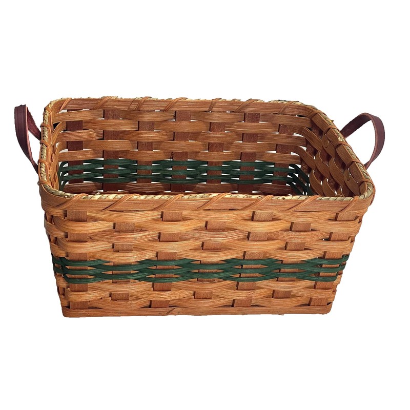 Amish Knitting-Sewing Oak Rectangular Storage Basket With Handles (Green)
