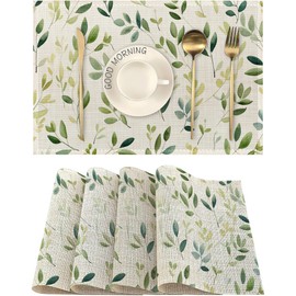 Placemats-Colorful Spring Leaves Linen Table Place Mats Set of 4 Non-Slip Heat Resistant Table Mats for Dining Kitchen Cabin Decor 12x18 Inch