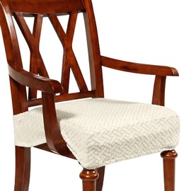 Large Jacquard Dining Room Chair Seat Covers with Armrest Dining Chair Slip Covers Protectors(Beige White, 1 Pcs)