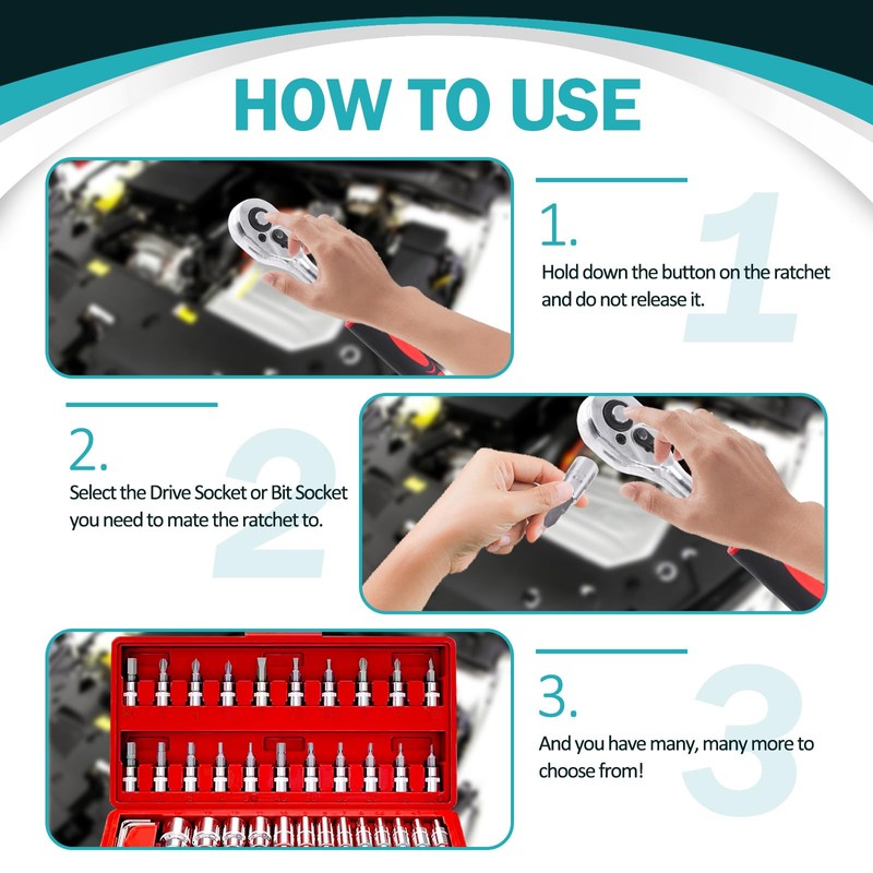 Cimeton 46Pcs 1/4 Inch Drive Socket Ratchet Wrench Set Includes