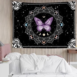 LB Butterfly Mandala Wall Tapestry Purple Butterfly Black and White Mandala Bohemian Tapestry Wall Hanging Star Moon Phase Aesthetic Wall Art Decor for Bedroom Living Room Decor Home Decor 60Wx40L Inches