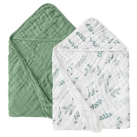 JELLYMONI Muslin Baby Hooded Bath Towels for Newborn, 2 Pack 100% Cotton Baby Bath Towel with Hood for Baby, Infant, Toddler and Kids, Large 32 x 32 Inch Baby Bath Towels Soft and Absorbent