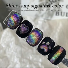 Born Pretty Cat Magnetic Eye Gel Nail Polish, Rainbow Laser Holographic Cat Magnetic Gel, Black Holo Glitter Magnetic Soak Off U v Nail Gel Diy Art for Girls Women 15ML