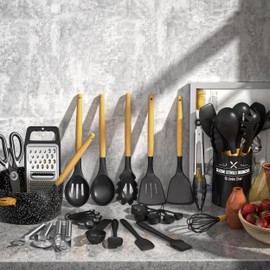 Kitchen Utensils Set- 34PCS Silicone Cooking Utensil with Holder, Umite Chef Heat Resistant Kitchen Spatula Set for Nonstick Cookware, Black Wooden Handles Kitchen Gadgets Tools Set