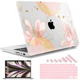 May Chen Case for M4 MacBook Pro 14 inch Case A3112 A3401 Max A3185, M3 A2918 A2992, M2 A2779 M1 A2442, 2024 2023 2022 2021 Release, Plastic Hard Shell with Keyboard Cover, Luxury Lotus Flowers