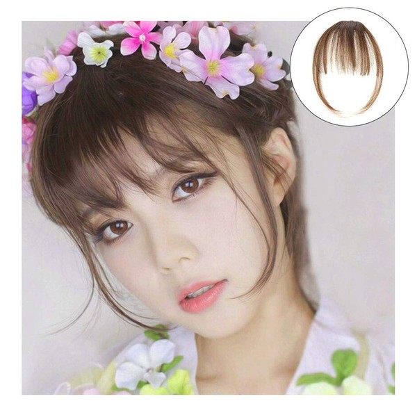 Wixine 1Pcs Light Brown Thin Neat Air Bangs Remy Human Hair Extensions Clip in on Fringe Front Hairpiece
