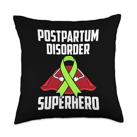 Postpartum Disorder Awareness Gifts Postpartum Disorder Superhero Warrior Fighter Green Ribbon Throw Pillow, 18x18, Multicolor